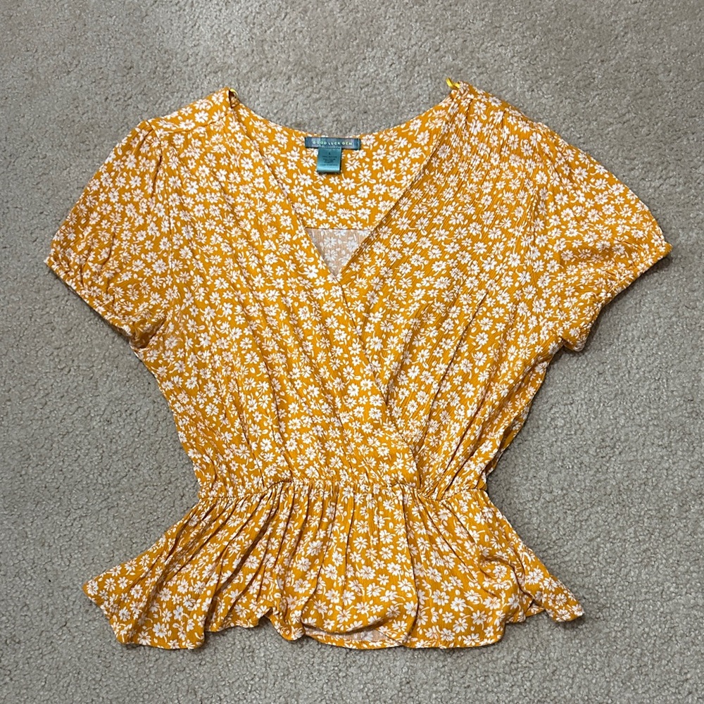 Good Luck Gem Yellow Floral Faux Wrap Blouse